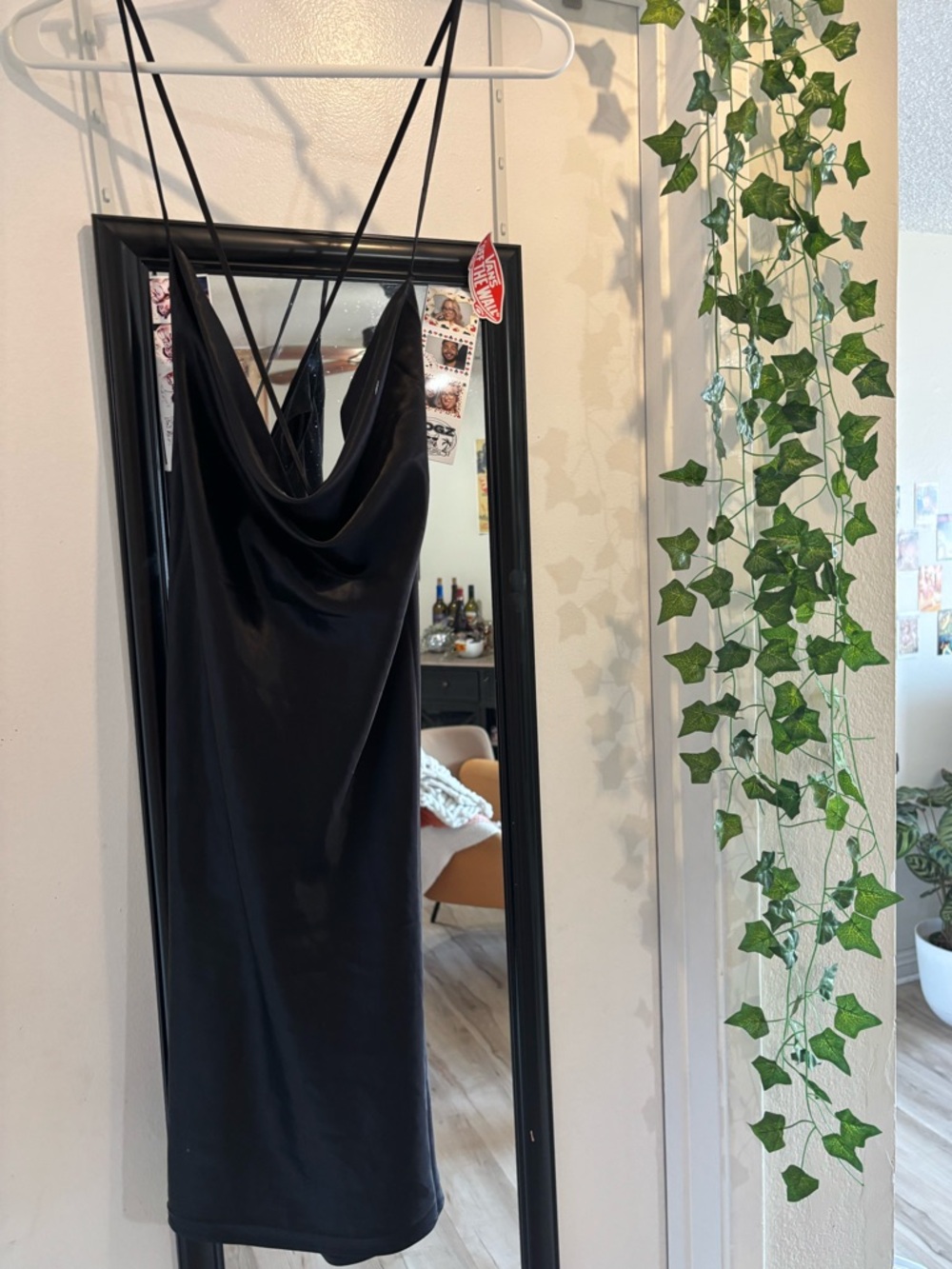 Black Satin Slip Dress with Cowl Neck